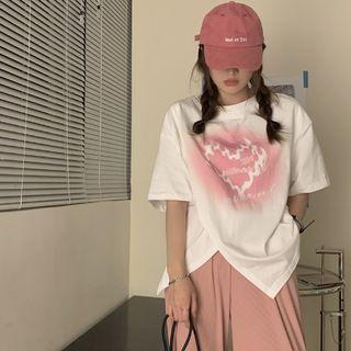 Short-sleeve Heart Print T-shirt / Wide Leg Pants