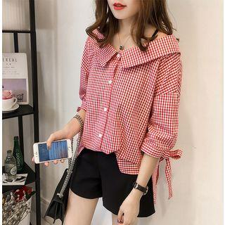 3/4-sleeve Buttoned Plaid Top