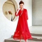 3/4-sleeve Embroidered Midi Wrap Dress