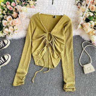 Plain Drawstring Keyhole Cropped Blouse