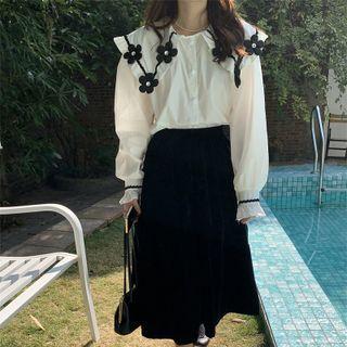 Puff-sleeve Floral Blouse / Midi A-line Velvet Skirt