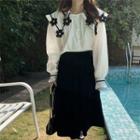 Puff-sleeve Floral Blouse / Midi A-line Velvet Skirt