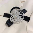 Ribbon Faux Pearl Flower Hair Tie Black & White - One Size
