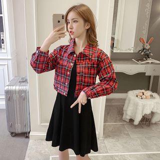 Set: Plaid Button Jacket + Plain Sleeveless A-line Dress