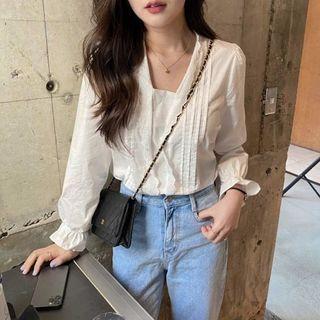 Lace Trim Long-sleeve Pintuck Blouse