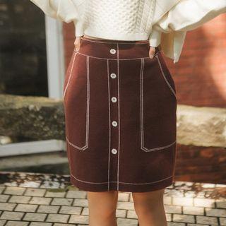 Contrast Stitching Mini Skirt Coffee - One Size
