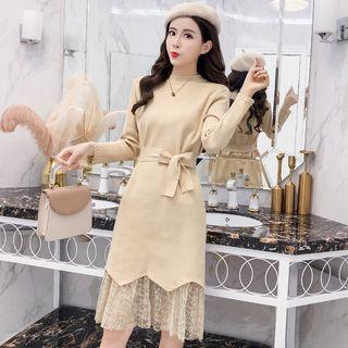Set: Long-sleeve Embellished Knit Dress + Midi Lace Skirt