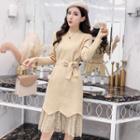 Set: Long-sleeve Embellished Knit Dress + Midi Lace Skirt