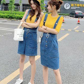 Short-sleeve T-shirt / Plain Camisole / Suspender Denim Shorts / Suspender Denim Skirt / Set