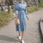 Long-sleeve Belted Midi Shirt Dress