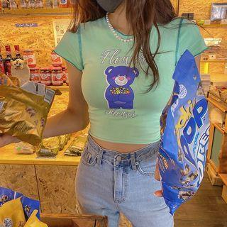 Bear-illustrated Stitched Cropped T-shirt