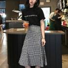 Set: Elbow-sleeve Letter T-shirt + Plaid A-line Midi Skirt