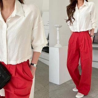 Drawcord-hem Cropped Shirt Ivory - One Size