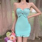 Spaghetti-strap Halter Mini Sheath Dress Green - One Size