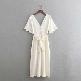 Embroidered V-neck Short Sleeve Midi Dress