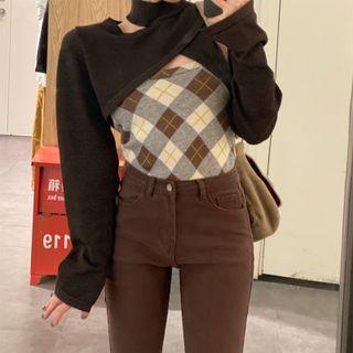 Set: Argyle Knit Tank Top + Turtleneck Shrug Set Of 2 - Argyle Knit Tank Top & Shrug - Brown & Black - One Size