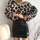 Leopard Print V-neck Sweater / Faux Leather Mini Fitted Skirt