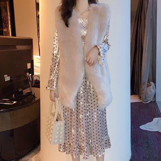 Long-sleeve Dotted Velvet Midi Dress / Furry Vest