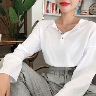 Plain Long-sleeve Loose-fit Knit Top / High-waist Pants