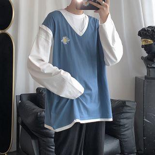 Mock Two-piece Flower Embroidered Long-sleeve T-shirt