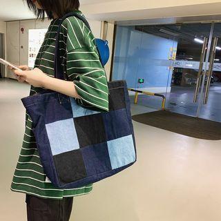 Paneled Denim Tote Bag