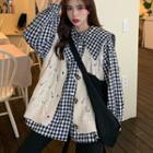 Long-sleeve Checked Wide Collar Shirt / Vest