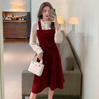 Long-sleeve Mock Two-piece Corduroy Midi Dress