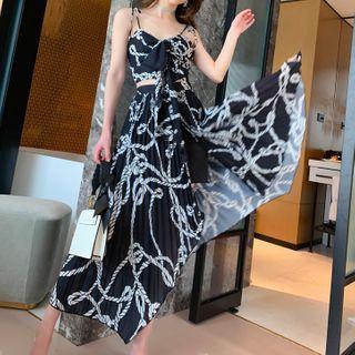 Set: Spaghetti Strap Printed Top + Midi A-line Skirt