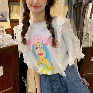 Short-sleeve Lace Trim Cartoon Print T-shirt White - One Size