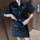 Set: Short-sleeve Buckled Shirt + A-line Cargo Skirt