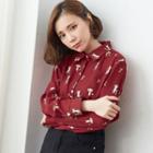 Long Sleeve Cat Print Blouse Wine Red - One Size
