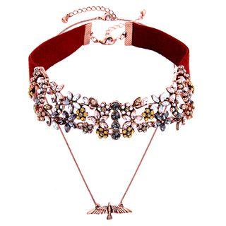 Set: Rhinestone Flower Choker + Bird Pendant Necklace