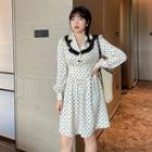 Long-sleeve Lace Trim Dotted A-line Dress