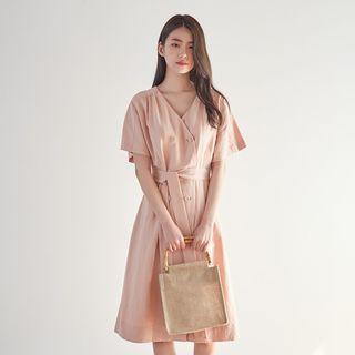 Double-breasted Linen Blend Dress With Sash