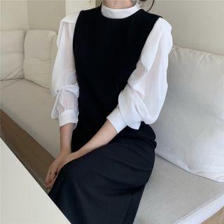 Stand Collar Blouse / Cutout Midi Overall Dress