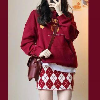 Lettering Print Hoodie / Argyle Mini Fitted Skirt