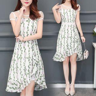 Cap-sleeve Flower Print A-line Dress