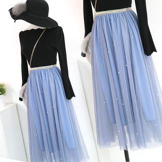 Faux-pearl Mesh Midi Skirt
