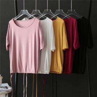 Short-sleeve Drawstring-hem Plain T-shirt