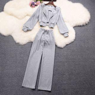 Set: Puff-sleeve Cropped Zip-up Hoodie + Camisole Top + Wide Leg Sweatpants