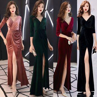 3/4-sleeve Slit Sheath Velvet Evening Dress