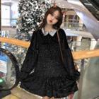 Long-sleeve Velvet Lace Collar Dress Black - One Size
