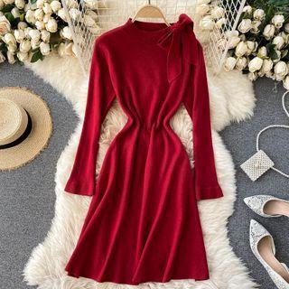 Small Stand-collar Bow Long-sleeve Knit Dress