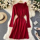 Small Stand-collar Bow Long-sleeve Knit Dress
