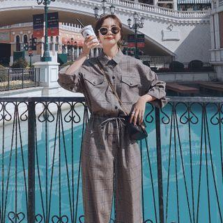 Plaid Long-sleeve Drawstring-waist Jumpsuit