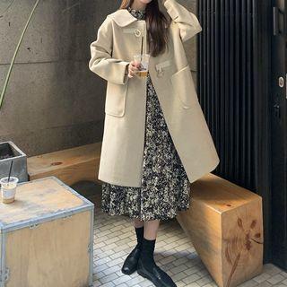 Plain Toggle Woolen Coat / Floral Print Midi Dress
