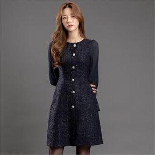 Chiffon-sleeve Tweed Coatdress