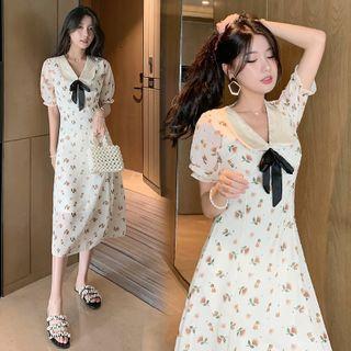 Collared Bow Floral Midi A-line Dress