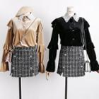 Set: Lace-collar Ruffled Velvet Blouse + Plaid Wool Skirt