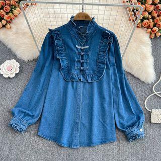 Ruffle Frog Button Denim Shirt Blue - One Size